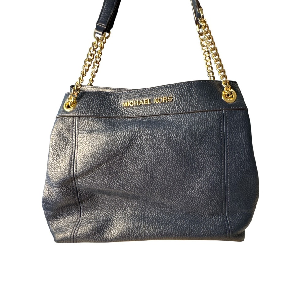 Michael Kors Jet Set Large Pebbled Leather Chain Shoulder Tote Bag Navy Blue - Picture 2 of 6